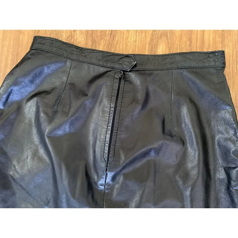 Beged -Or Israel‎ Vintage Black Midi Pleat Leather Pencil Skirt 14 More Like 6